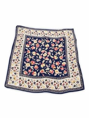 Floral Navy Square SILK Scarf with Cream Border